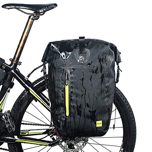 CamGo 25L Bike Panniers Bag Waterproof Bike Saddle Bag Extensible Bicycle Rear Seat Bag Shoulder Bag with Rain Cover for Riding Cycling (Black&Green)