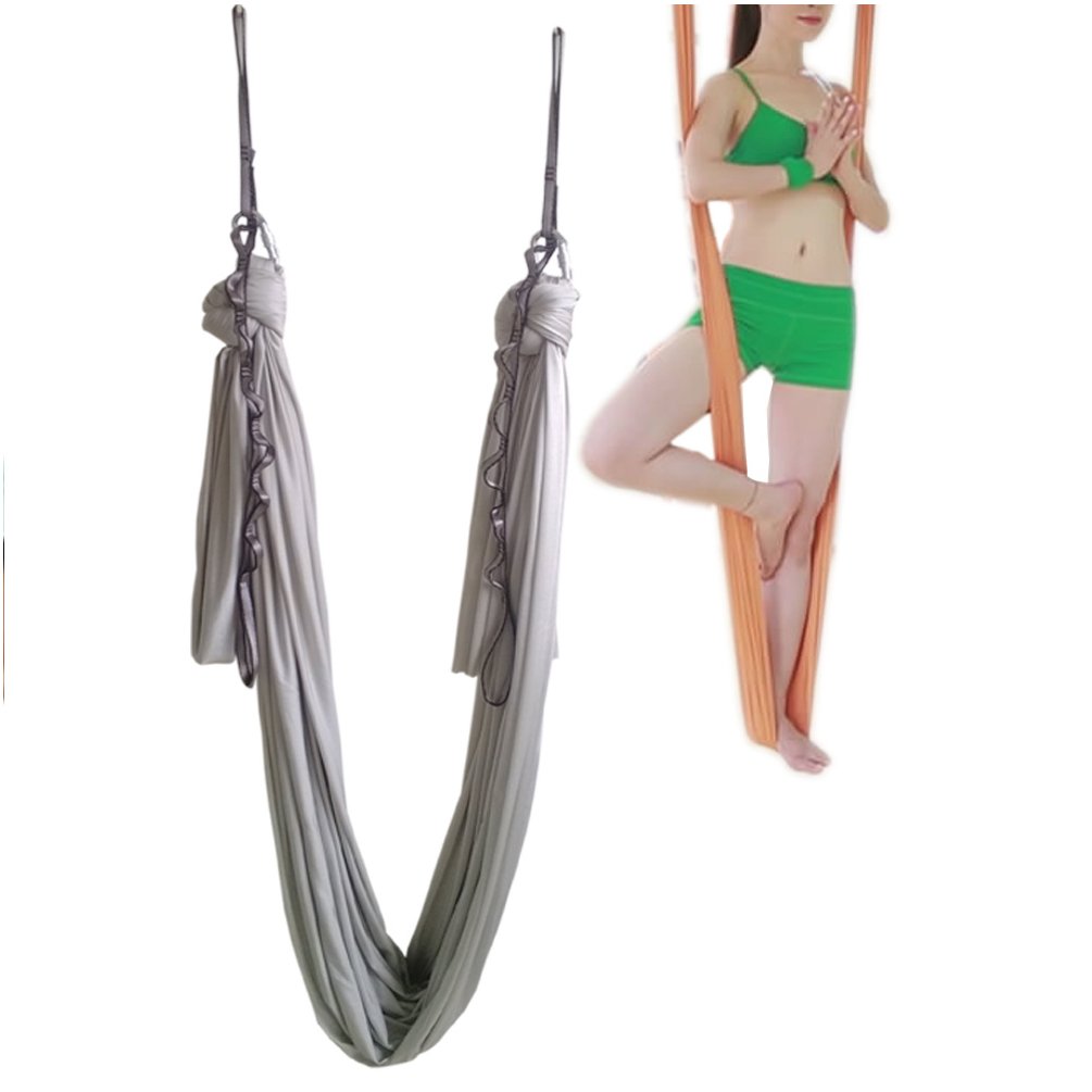 WELLSEM®5.5 Yards(5m/set) Elastic Pilates Yoga Swing Aerial Yoga Hammock with Carabiner&daisy Chain (Silver)