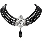 Wiwpar Multilayer Pearl Cluster Bib Choker Necklace with Crystal and Black Pearls - 1920s Flapper Style Halloween Accessory for Women