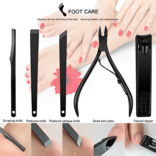 Manicure Pedicure Suit Kit - 18 PCS Black Stainless Steel Matte Nail Clippers Set, 18 in 1 Professional Grooming Kit with Toenail Nipper, Nail Tools with Black Travel Case, Facial Care Tools - Thumbnail 2