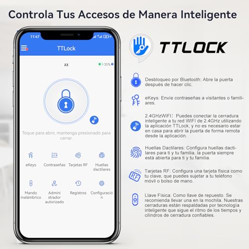 LOKOOY Cerradura Inteligente Q6 WIFI, Alarma Anti-forzamiento, SIN NECESIDAD DE PUERTA DE ENLACE, 6 Métodos de Apertura, TTLOCK WIFI App/App Bluetooth/Huella Digital/Tarjeta IC/Contraseña/Llave Física