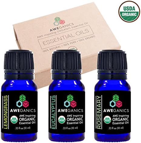 Aweganics USDA Organic Essential Oils for Energy & Focus, Uplifting Set, 3 Pack Oil Blends Aromatherapy Gift Set, 100% Pure, Natural, Lemongrass, Eucalyptus, Rosemary - 10 ml - MSRP $44.97