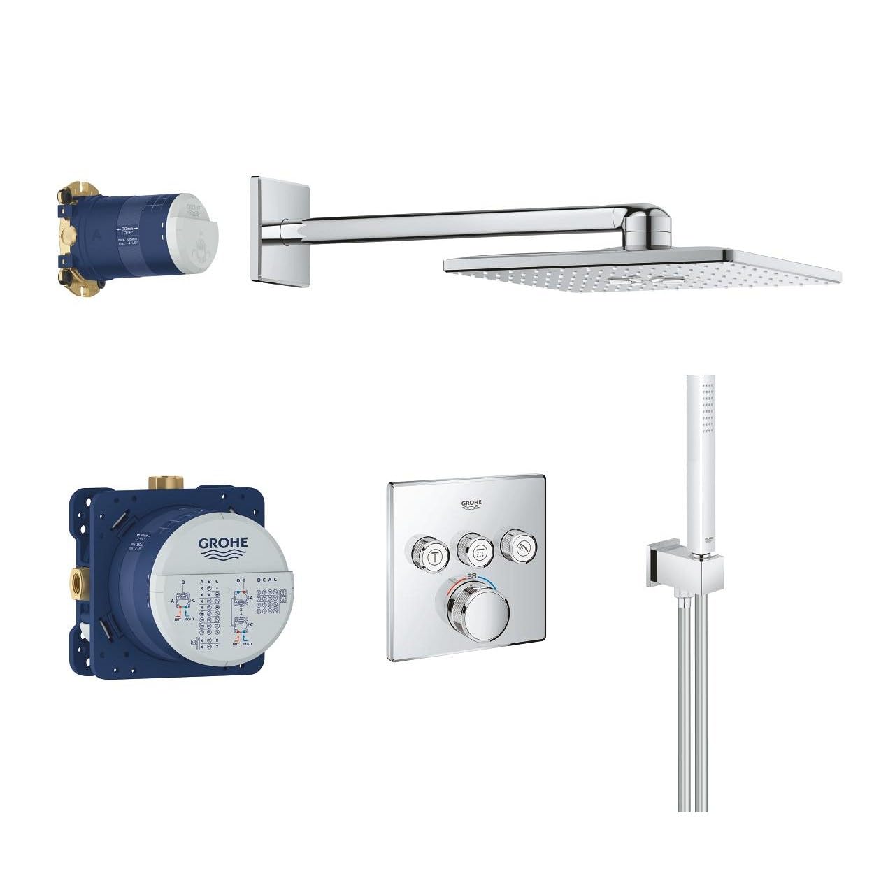 GROHE Grohtherm SmartControl – Concealed Thermostatic Push Button Shower Set (SmartActive Cube 310mm Head Shower 2 Sprays, Hand Shower 1 Spray, Hose 1.5m, Turn for Volume Adjustment), Chrome, 34706000