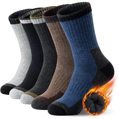 LBOYLOVE® 5 Pairs of Merino Wool Socks for Men, Winter Warm Thermal Crew Socks for Hiking, Running, Skiing, Cold Weather