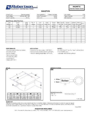ROBERTSON 3P10041 Individual Fluorescent mBallast, 1 FC6T9 or FC8T9 Circline Lamp, Preheat Start, 120Vac, 60Hz, Normal Ballast Factor, NPF, Model SSN2PWS AM (Replaces Model SSN2PWS /A)