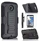 STAR Dual Layer Hybird Case with Kickstand, Locking Belt Swivel Clip and Screen Protector for Nexus 6 - Black