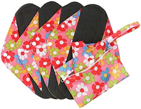 Reusable Menstrual Pads Cloth Reusable Sanitary Pads Organic Cotton Bamboo Charcoal Washable Mama Cloth Panty Liner 5 Pack 12 Inch Pads+1 Mini Wet Bag(Large, Flower) by Hanakern