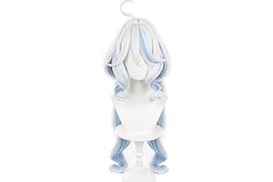 XiongXiongLe Furina Wig Cosplay Anime Genshin Impact Curly White Blue Hair Wig with Long Straight Hairpiece for Adult Women Cos Party Halloween Christmas Costume(Furina)