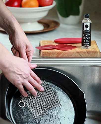 Stainless Steel Chainmail Cast Iron Scrubber and Seasoning Oil: Clean, Condition and Maintain Your Skillet, Dutch Oven, Grill Pan and all Castiron Cookware