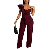 HBQ Womens Casual One Piece Jumpsuits V-Neck Sleeveless Ruffle Backless Belted Elegant Romper Wide Leg Pant Sexy Party Clubwear Overalls-Wine Red-S