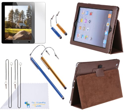 PU Leather Case / Stand / Cover for Apple iPad 2 / iPad 3 + Clear Screen Protector + 1 XXL 7.3" Stylus Pen + 1 Large 5.3" Stylus Pen + 2 Short 1.7" Stylus Pens + 4 Detachable Stylus Lanyards + Microfiber Cleaning Cloth in Retail Packaging (Dark brown)