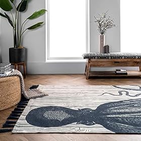 nuLOOM Thomas Paul Printed Octopus Over Board Tassel Area Rug, 3' x 5', Ivory 51h8 dYgXeL