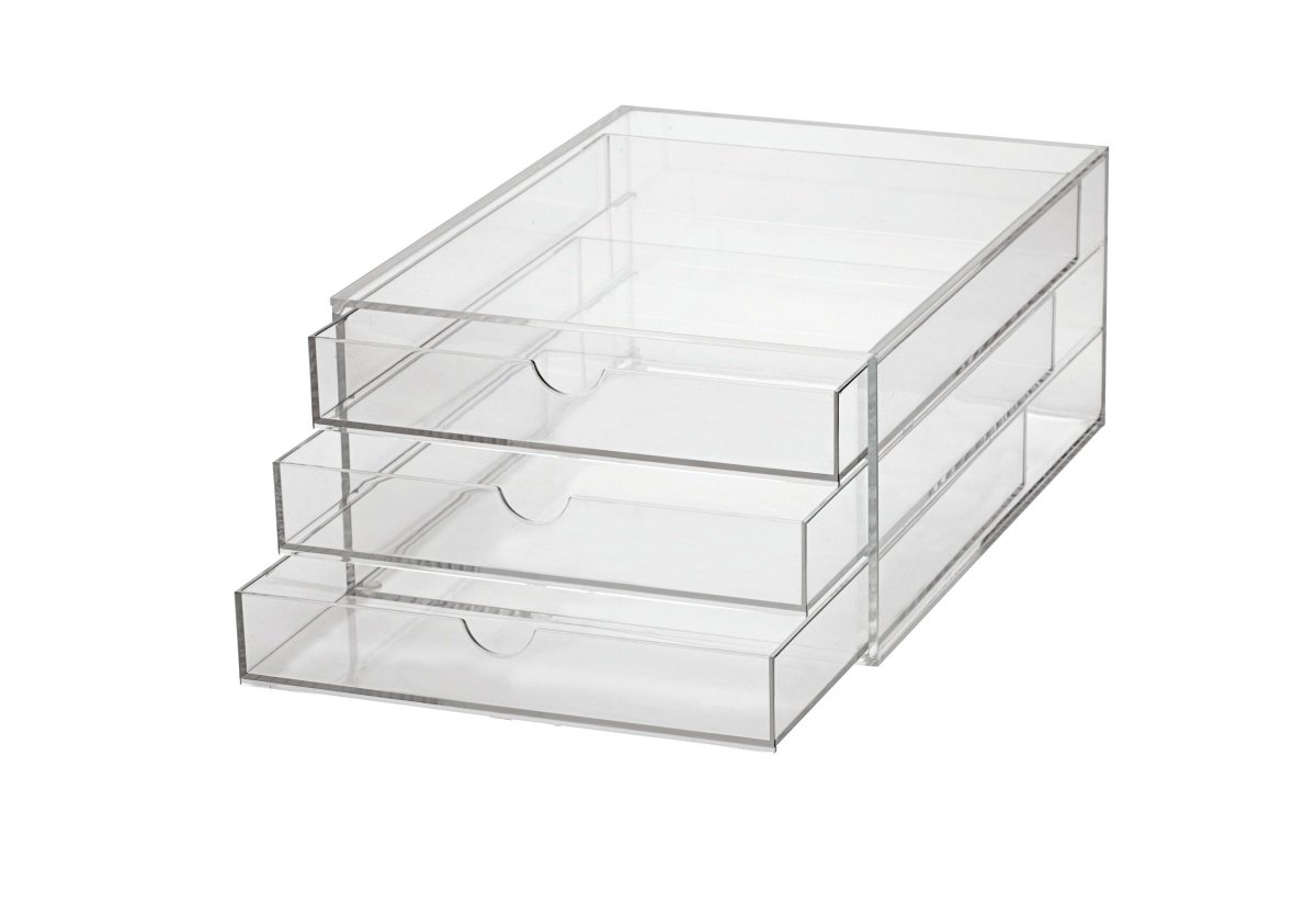 Maul A4 Acrylic Drawer Box, Desk Organiser with 3 Compartments for Storing Paper, Bill, Documents, Space-saving, Stackable for Desk and Shelf, Transparent