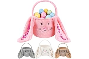 Ueedklaayy Personalized Easter Basket Embroidered Name & Icon, Custom Plush Easter Basket with Bunny Ear, Easter Bucket for E