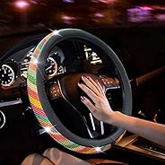New Diamond Leather Steering Wheel Cover with Bling Bling Crystal Rhinestones, Universal Fit 15 Inch Car Wheel