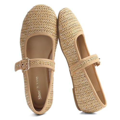Shoe'N Tale Raffia Ballet Flats for Women Round Toe Woven Mary Jane Shoes with Buckle Strap for Daily Casual Dress Comfortable Flats(Tan,8) at Amazon