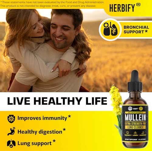 HERBIFY Mullein Drops - Lung Cleanse - Leaf Extract - Powerful Mullein for Immune Support,Detox & Respiratory Support - Made in USA - Lung Cleanse for Smokers - 4 Oz