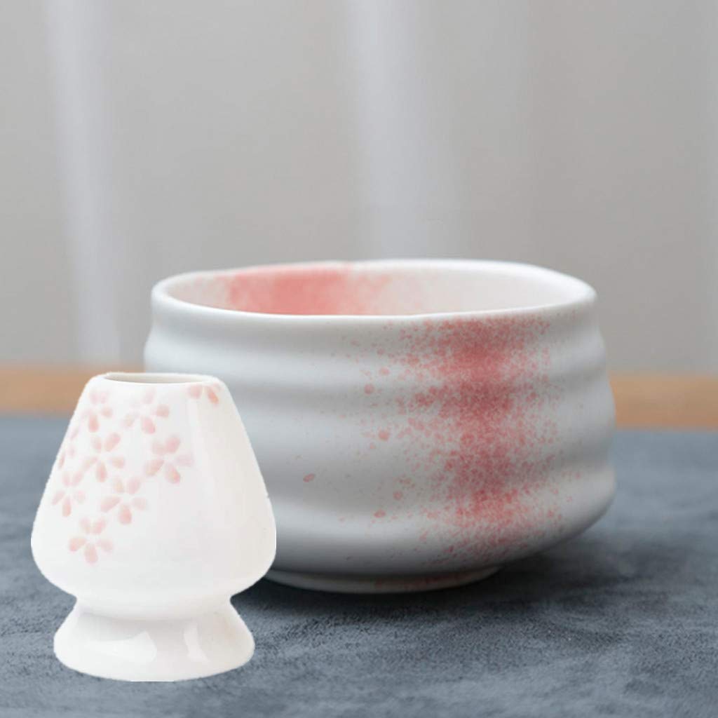 Matcha Ceramic Tea Bowl+ Matcha Whisk Holder fit for Traditional Japanese Tea Ceremony (Pink)