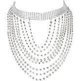 Wosois Rhinestone Necklaces Chain Silver Glitter Multilayer Tassel Necklace Fashion Adjustable Statement Crystal Choker Necklace Party Costumes Body Jewelry Accessories for Women
