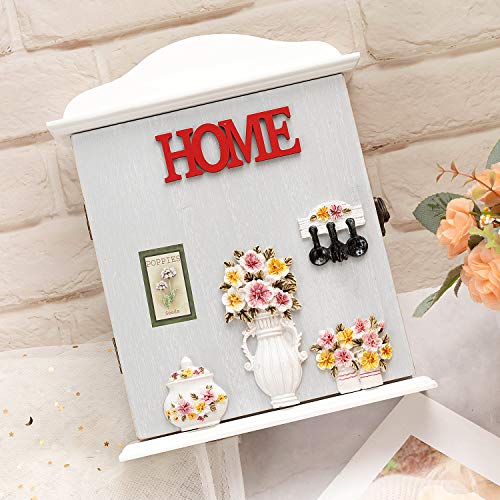 Wall Mounted Key Box Faux Wood Key Holder Key Storage Box Cabinet Hooks Rack Organizer with 10 Hangers for Home Decor with 6 Hanger for Home Decor