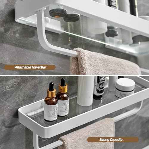 40 CM Wall Mounted Shower Shelves, 2 Tier Bathroom Caddies with Towel Bar, Tempered Glass Floating Shelf, White Bathroom Wall Organizer
