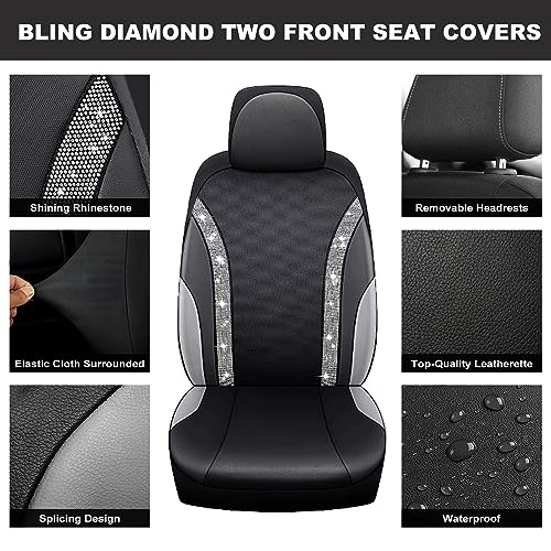 JanQee 2 Pack Bling Front Car Seat Covers, Universal Shining Crystal Diamond Rhinestone Soft Car Seat Protectors, Waterproof PU Leather Bling Car Accessories Interior Fit Most Cars(White Diamond)