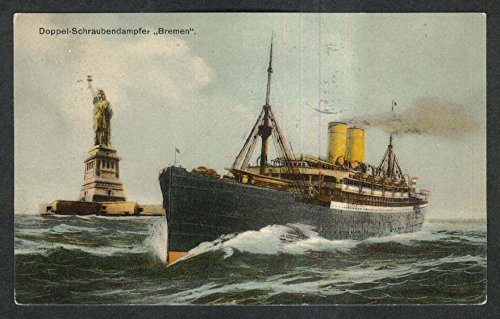 Double Screw Steamer Bremen at Statue of Liberty NY postcard 1911