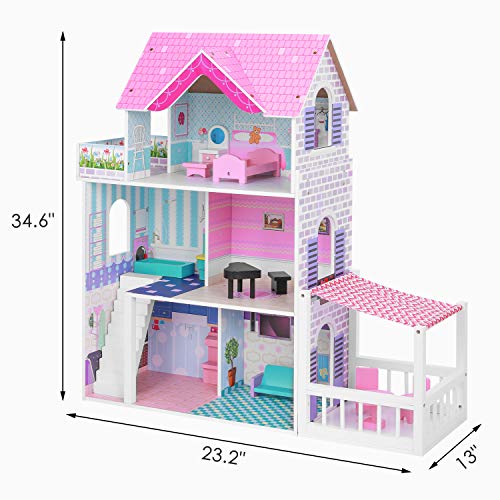 BABLE Wooden Dollhouse with Furniture Pieces,Pretend Play Toy House for Little Girls(3-9 Years Old),Furnished Dollhouse Kit for Small Place, Modern Dollhouse with Accessories, 34 x12 x34 in,Pink