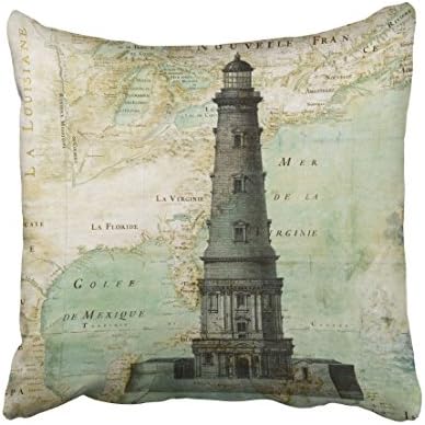 Accrocn Square Throw Pillow Covers Vintage Aqua Antique Nautical Lighthouse Map Pillowcases Polyester 18 X 18 Inch With Hidden Zipper Home Sofa Cushion Decorative Pillowcase