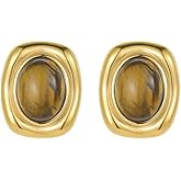 Vintage Square Stud Earrings for Women Geometry Oval Tiger Eye Stone Thick Studs Earrings Stainless Steel Bohemian Statement Earrings