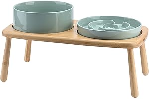 SPUNKYJUNKY Raised Dog Bowls Ceramic Dog Bowls Elevated with Non-Slip Wooden Stand Dog Food Water Bowls for Medium Large Size Dogs(21OZ Slow Feeder+60OZ Bowl,Light Green)