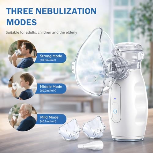Obiredk ㅤHandheld Compressor Nebulizer for Adults & Kids, Quiet Mesh Nebulizer with 3 Mist Levels, USB-C Rechargeable, Self-Cleaning, Compact Travel Size - White