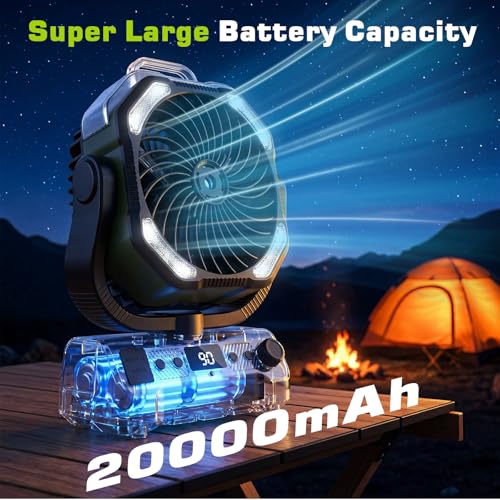 Lolleys Ventilateur Brumisateur de Camping 20000mAh, Ventilateur Portable Rechargeable avec Télécommande, Double Moteur, Crochet 360°, Vitesse Variable pour Extérieur Pêche Camping-car Plage, Green