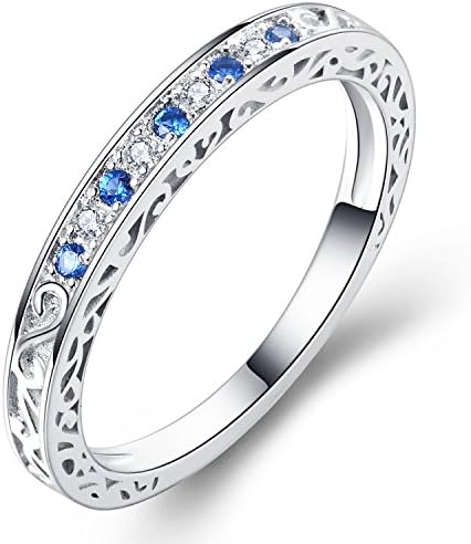 Vibrille Sterling Silver Antique Scroll Created Blue Sapphire and CZ Eternity Wedding Band Ring for Women