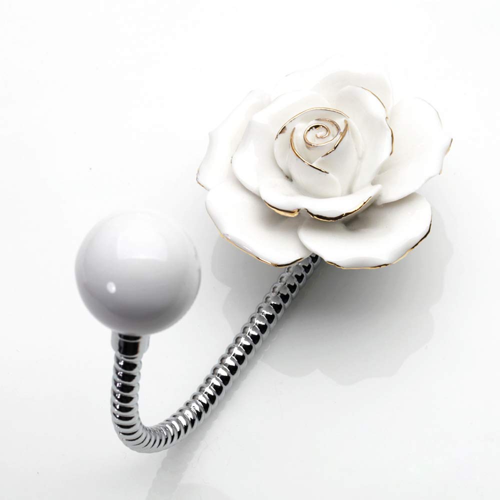 Beautiful 3D Flower Ceramic Wall Coat Hook, Chrome Decorative Robe Hook, Scarf, Bag, Towel, Hat etc for Kitchen Bathroom Office (Rose White)