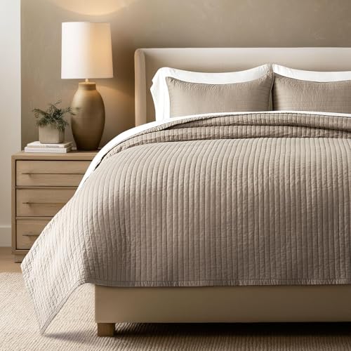Photo 1 of EVERGRACEHOME Cotton Sateen Quilt Set Queen Size, Pre-Washed Cotton Channel Stitch Coverlet Bedspread, 3 Pieces Lightweight Soft Bedding Sets for All Season, with 2 Pillow Shams, Stone Taupe