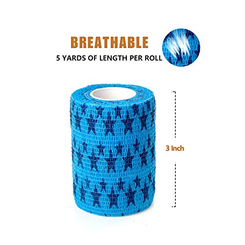 MUEUSS Self Adhesive Bandage First Aid Tape Strong Elastic Wraps for Pets Animals & Ankle Sprains & Medical Support, Blue Star 3 Inches x 5 Yards,6 Rolls - Thumbnail 2