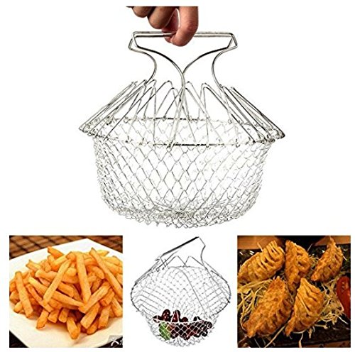 Frying Colander Oil 10 inch Chef Basket Strainer Stainless Steel Foldable Strainer Steam Rinse Strain French Deep Fry Food ColanderÂ Steamer w/ Handle French Wire Kitchen Cooking Tool & eBook
