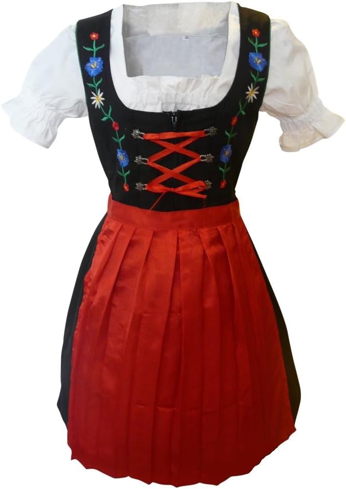 Di11 Midi Dirndl, 3-Piece Costume Dress in red with Embroidery, Dress Blouse and red Skirt, Skirt Length 55-59 cm, Size 26