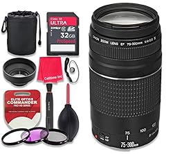 See Canon EF 75–300mm f/4–5.6 III Lens with 32GB Ultra Pro Speed Class 10 SDHC Memory Card + 3pc Filter Kit (UV-FLD-CPL) + Deluxe Sleeve + Celltime Microfiber Cleaning Cloth - International Version Details
