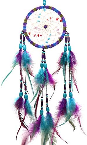 Ekatoo Dream Catcher 4.3 Inch Diamter Handmade with Feather and Beads Wall Hanging Decoration Ornament 17 Inch Long(Traditional Royal Blue & Purple)