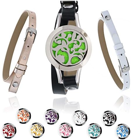 Essential Oil Bracelets for Women + 3 BONUS Bands | Aromatherapy Diffuser Bracelet | 3 Leather Bands 1 Tree of Life Locket and 10 Colored Pads in a Beautiful Gift Box | Essential Oil Jewelry Gift Set