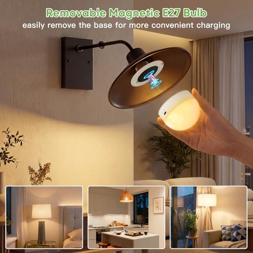 Kimjo E27 Rechargeable Bulb with Remote Control Set of 4-10W Rechargeable Bulb with USB Battery 3 Colours Dimmable – Magnetic Removable Bulbs with Battery Lamp for Camping