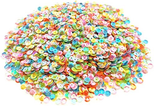 Colorful sequins in a cup, valued at $7.99, for DIY projects.