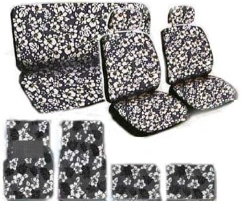Complete Universal Hawaiian Car Seat Covers Set with Low Back Bucket Front Seat Covers with Head Rest Covers, Rear Bench Covers, Steering Wheel Cover, Shoulder Pads and a Set of Floor Mats --- Charcoal Black.