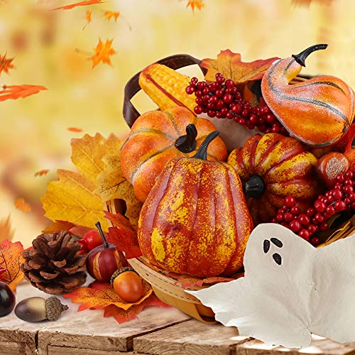 HAKACC Artificial Pumpkins, 19PCS Harvest Fruits with 30PCS Artificial Maple Leaves Fake Pumpkins and Gourds Pine Cones Acorns for Halloween Thanksgiving Decorations