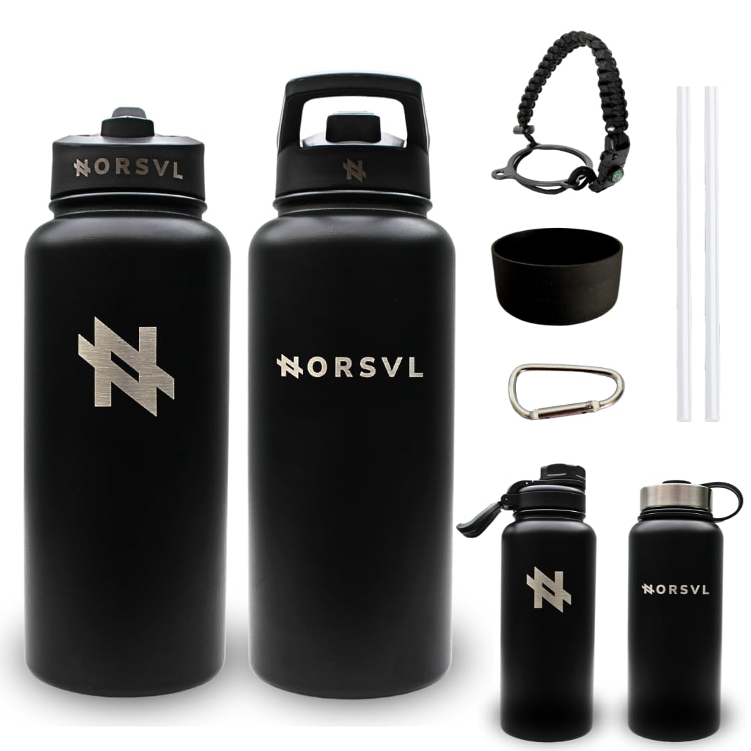 NORSVL Premium Stainless Steel Insulated Water Bottle 1L, Double Wall Vacuum Insulated Bottle, Sports Water Bottle, Hot & Cold Vacuum Flask, with 3 Lids, Paracord Handle, Bumper - Abyss Black
