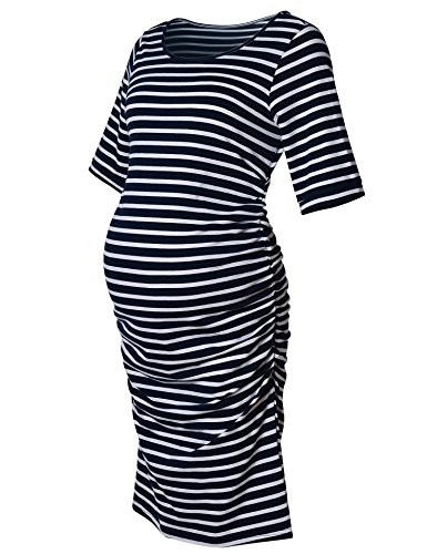 Maternity Dress,Bodycon Maternity Clothes for Women,Casual Short Sleeve Ruched Sides,Navy and White Stripe M