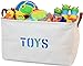 OrganizerLogic Canvas Storage Basket - Large Storage Bin with Handles - Decorative Storage Containers in Beige with Blue Lettering- 22