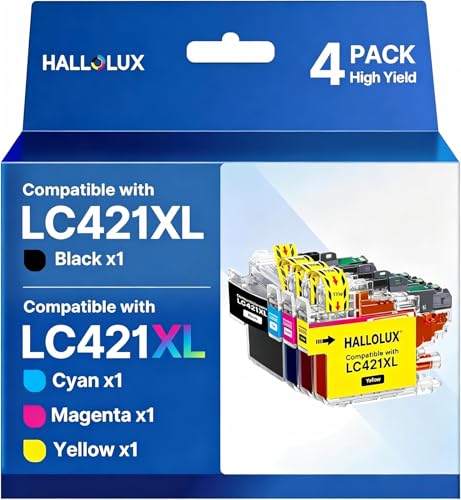HALLOLUX LC421XL Ink Cartridges, for Brother LC421 XL LC-421 for Brother DCP-J1050DW, DCP-J1140DW, MFC-J1010DW (Black, Cyan, Magenta, Yellow, Pack of 4)